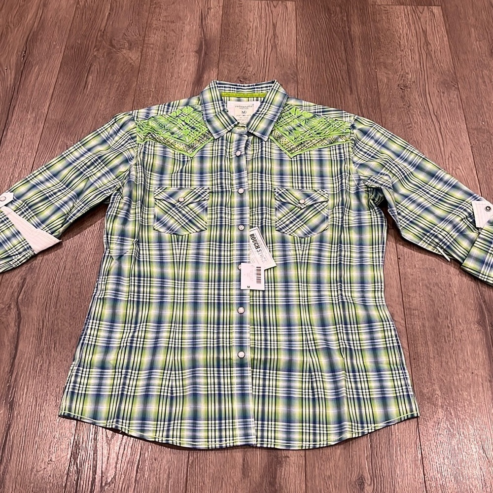 [M]Panhandle WMN Western Green Embellished Plaid Snap Button Rolled Sleeve Shirt